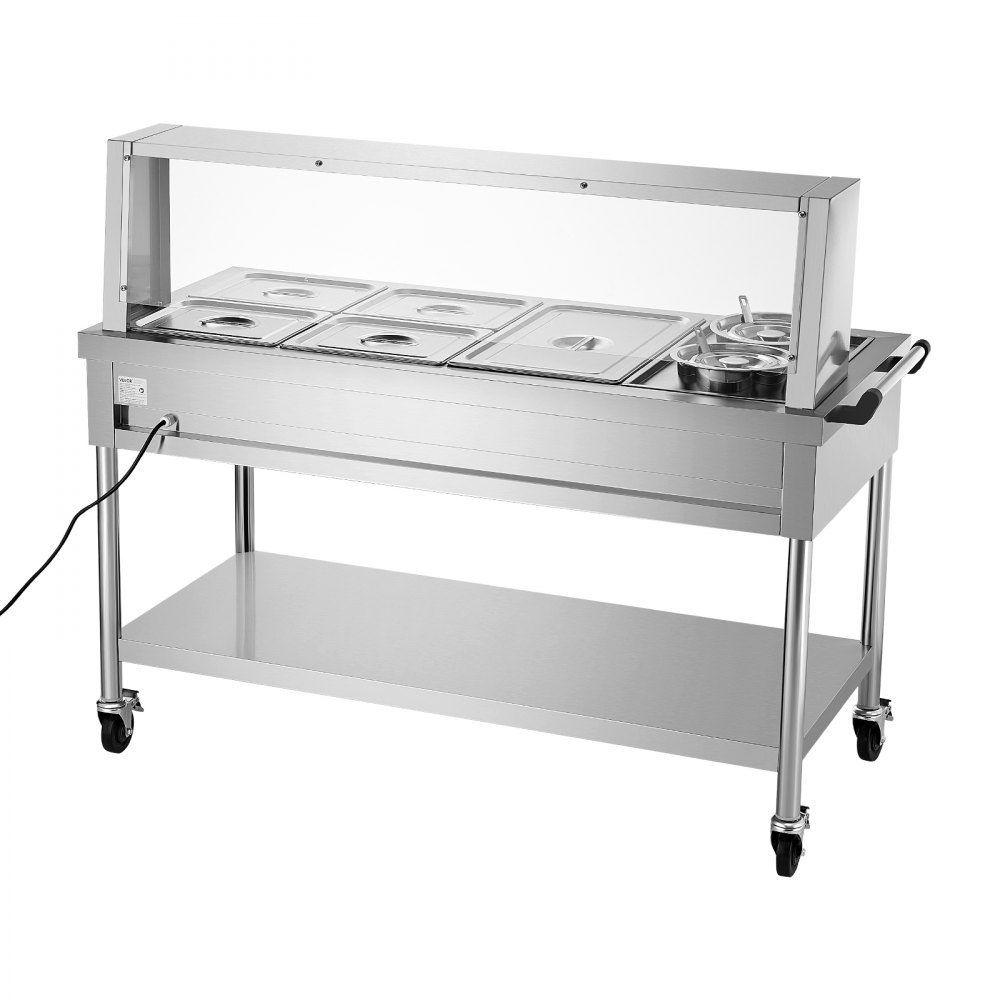 VEVOR Commercial Food Warmer, 5 Pans + 2 Pots Electric Steam Table, 1800W Professional Buffet Catering Food Warmer with Shield Undershelf Wheels, Stainless Steel Server for Party Restaurant Hotel