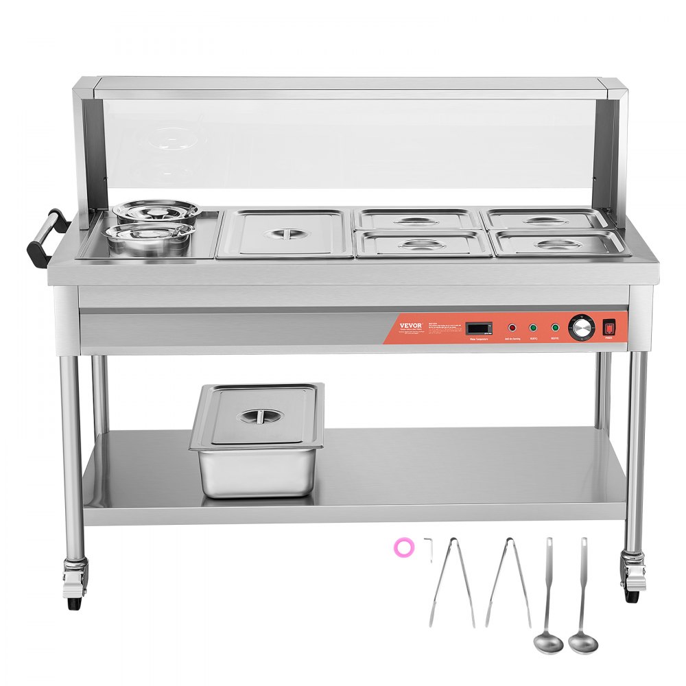 VEVOR Commercial Food Warmer, 5 Pans + 2 Pots Electric Steam Table, 1800W Professional Buffet Catering Food Warmer with Shield Undershelf Wheels, Stainless Steel Server for Party Restaurant Hotel