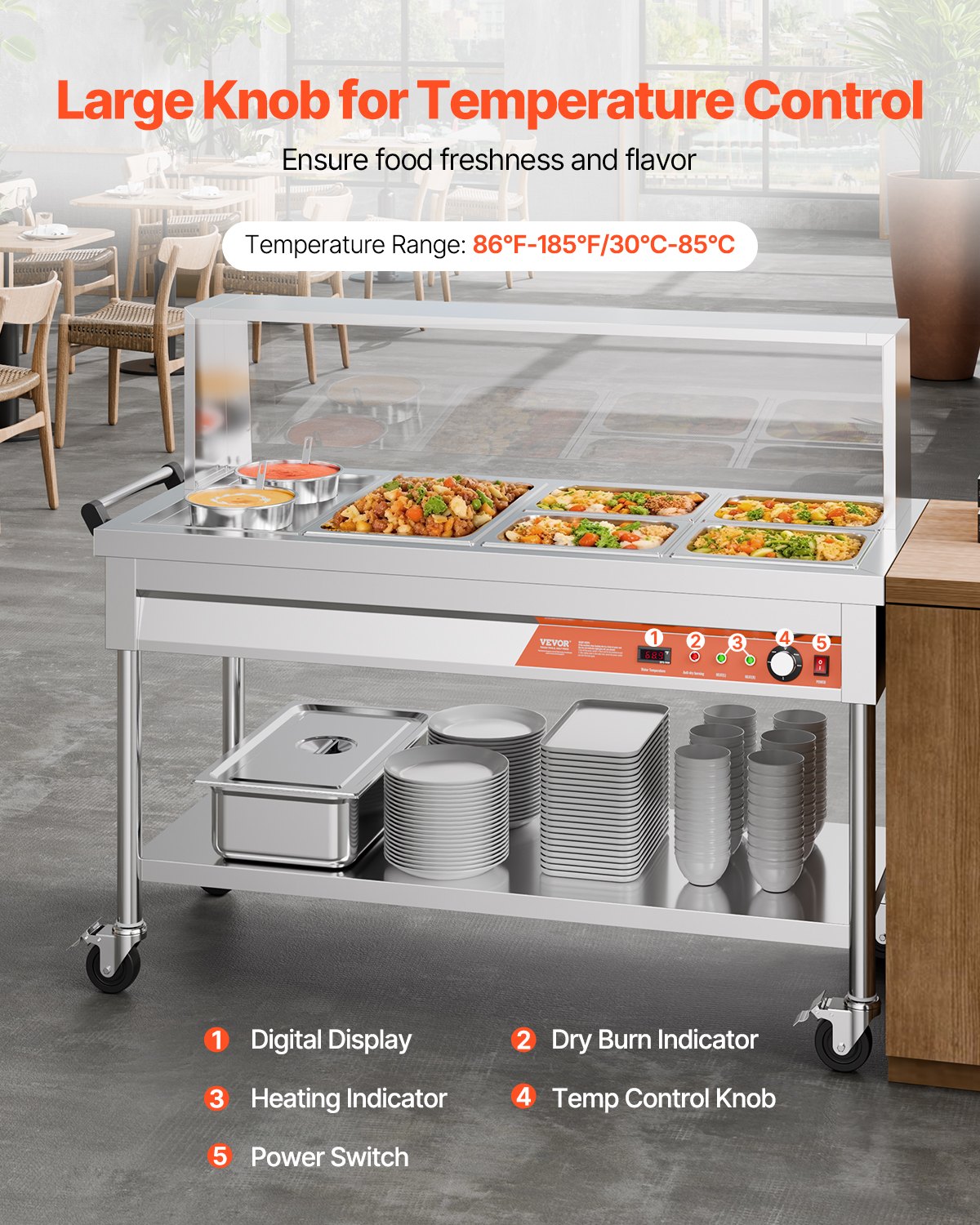 VEVOR Commercial Food Warmer, 5 Pans + 2 Pots Electric Steam Table, 1800W Professional Buffet Catering Food Warmer with Shield Undershelf Wheels, Stainless Steel Server for Party Restaurant Hotel
