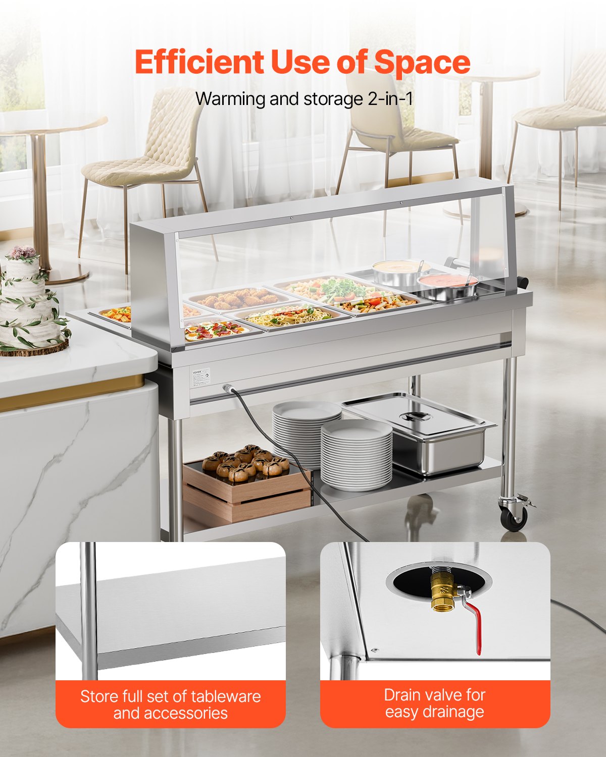 VEVOR Commercial Food Warmer, 5 Pans + 2 Pots Electric Steam Table, 1800W Professional Buffet Catering Food Warmer with Shield Undershelf Wheels, Stainless Steel Server for Party Restaurant Hotel