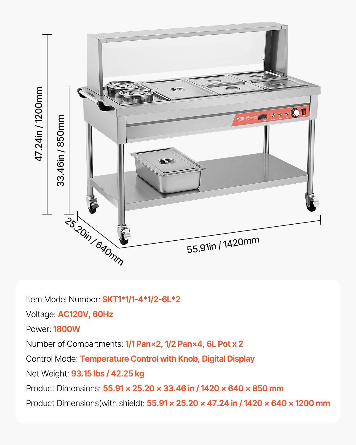 VEVOR Commercial Food Warmer, 5 Pans + 2 Pots Electric Steam Table, 1800W Professional Buffet Catering Food Warmer with Shield Undershelf Wheels, Stainless Steel Server for Party Restaurant Hotel