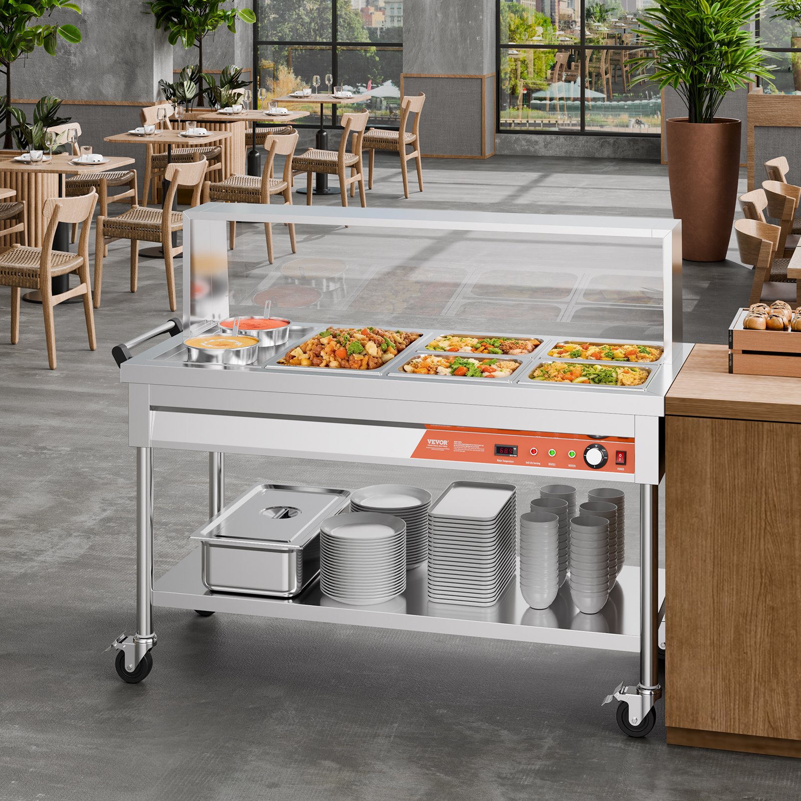 VEVOR Commercial Food Warmer, 5 Pans + 2 Pots Electric Steam Table, 1800W Professional Buffet Catering Food Warmer with Shield Undershelf Wheels, Stainless Steel Server for Party Restaurant Hotel