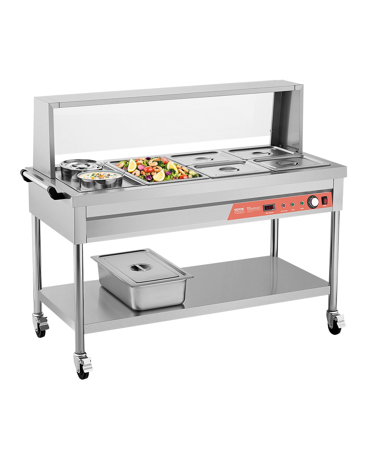 VEVOR Commercial Food Warmer, 5 Pans + 2 Pots Electric Steam Table, 1800W Professional Buffet Catering Food Warmer with Shield Undershelf Wheels, Stainless Steel Server for Party Restaurant Hotel