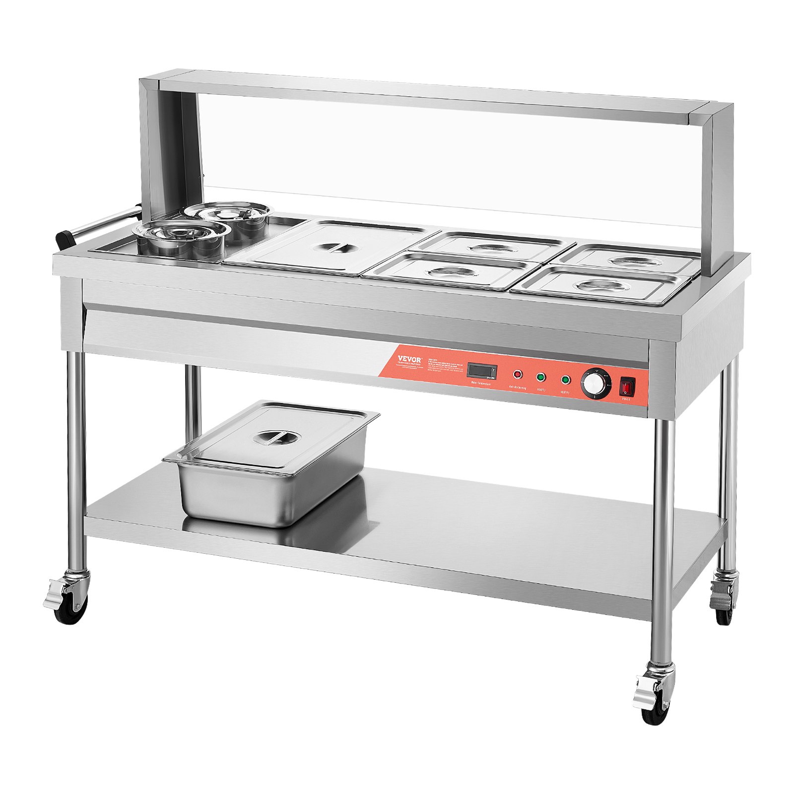 VEVOR Commercial Food Warmer, 5 Pans + 2 Pots Electric Steam Table, 1800W Professional Buffet Catering Food Warmer with Shield Undershelf Wheels, Stainless Steel Server for Party Restaurant Hotel