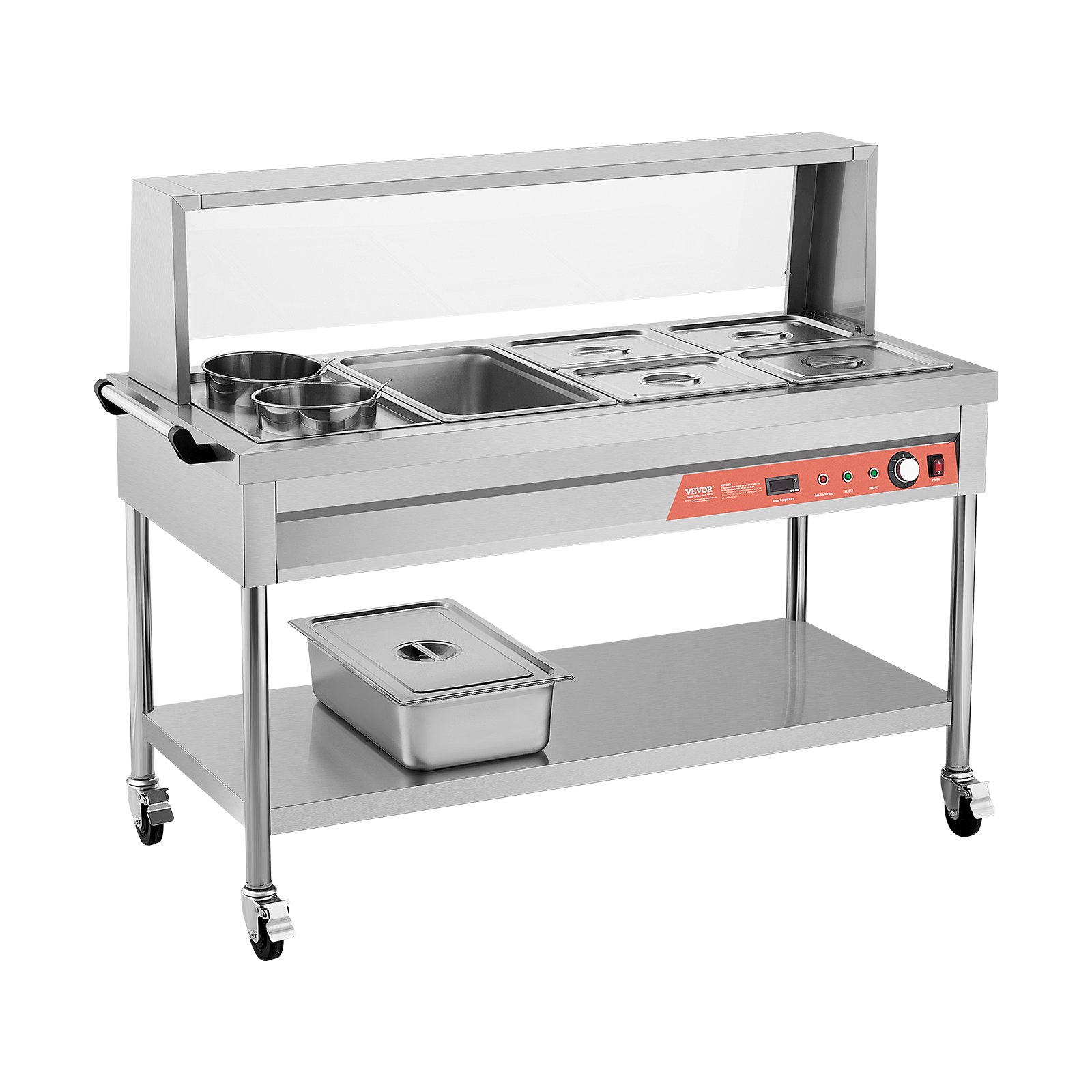 VEVOR Commercial Food Warmer, 5 Pans + 2 Pots Electric Steam Table, 1800W Professional Buffet Catering Food Warmer with Shield Undershelf Wheels, Stainless Steel Server for Party Restaurant Hotel