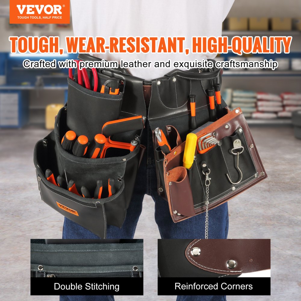VEVOR Tool Belt, 31 Pockets, Adjusts from 32 Inches to 54 Inches, Leather  Heavy Duty Tool Pouch Bag, Detachable Tool Bag for Electrician, Carpenter,  Handyman, Woodworker, Construction, Black/Brown VEVOR US