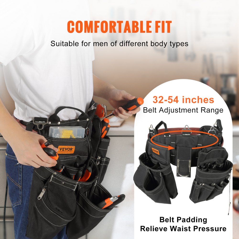VEVOR Tool Belt Carpenter Construction Tool Pouch 32 Pockets 32"-54" Waist Size