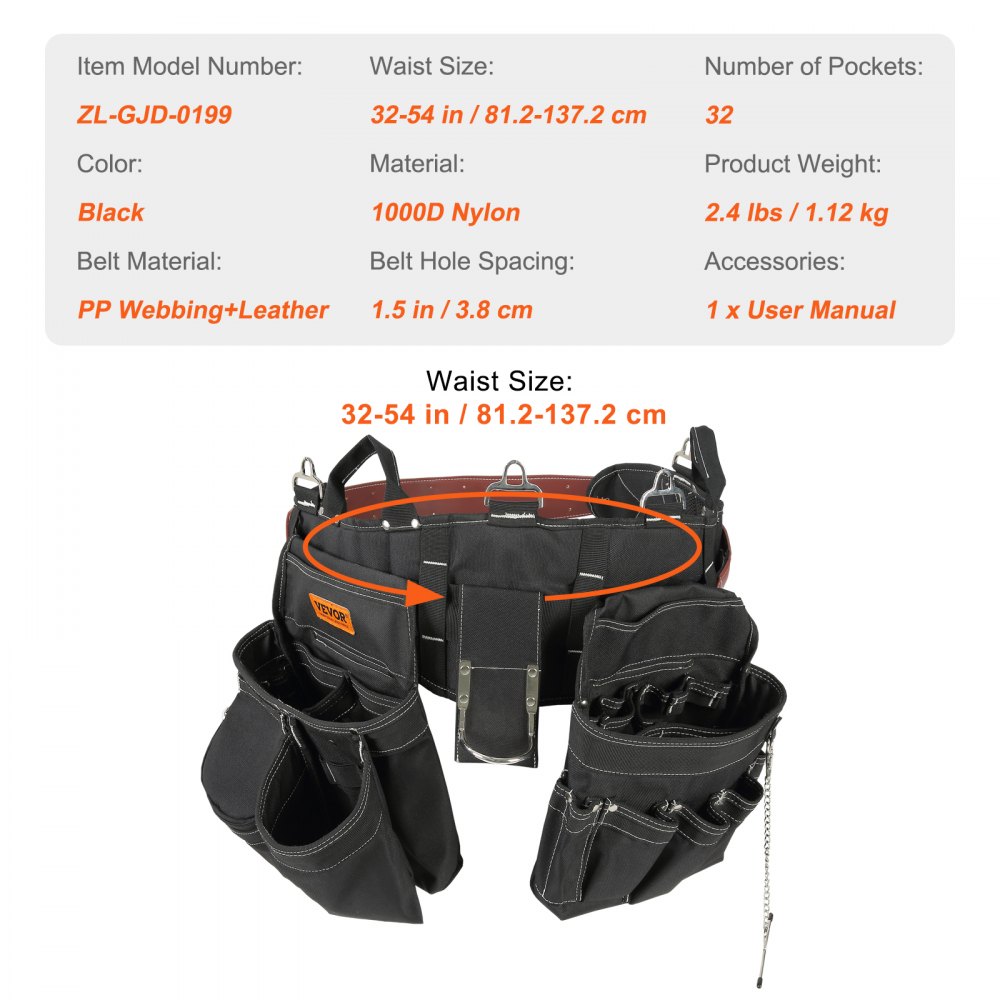 VEVOR Tool Belt Carpenter Construction Tool Pouch 32 Pockets 32"-54" Waist Size