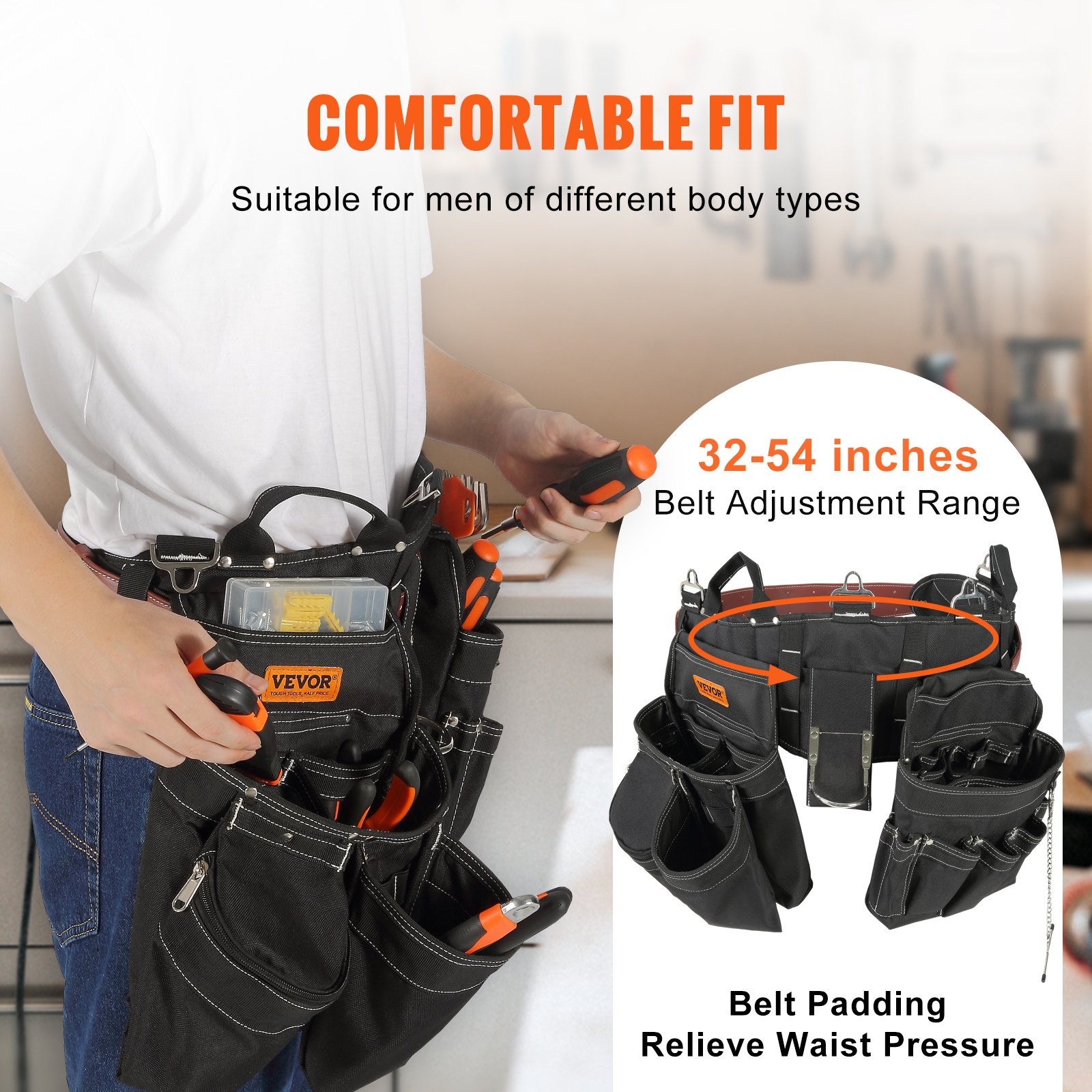 VEVOR Tool Belt Carpenter Construction Tool Pouch 32 Pockets 32"-54" Waist Size