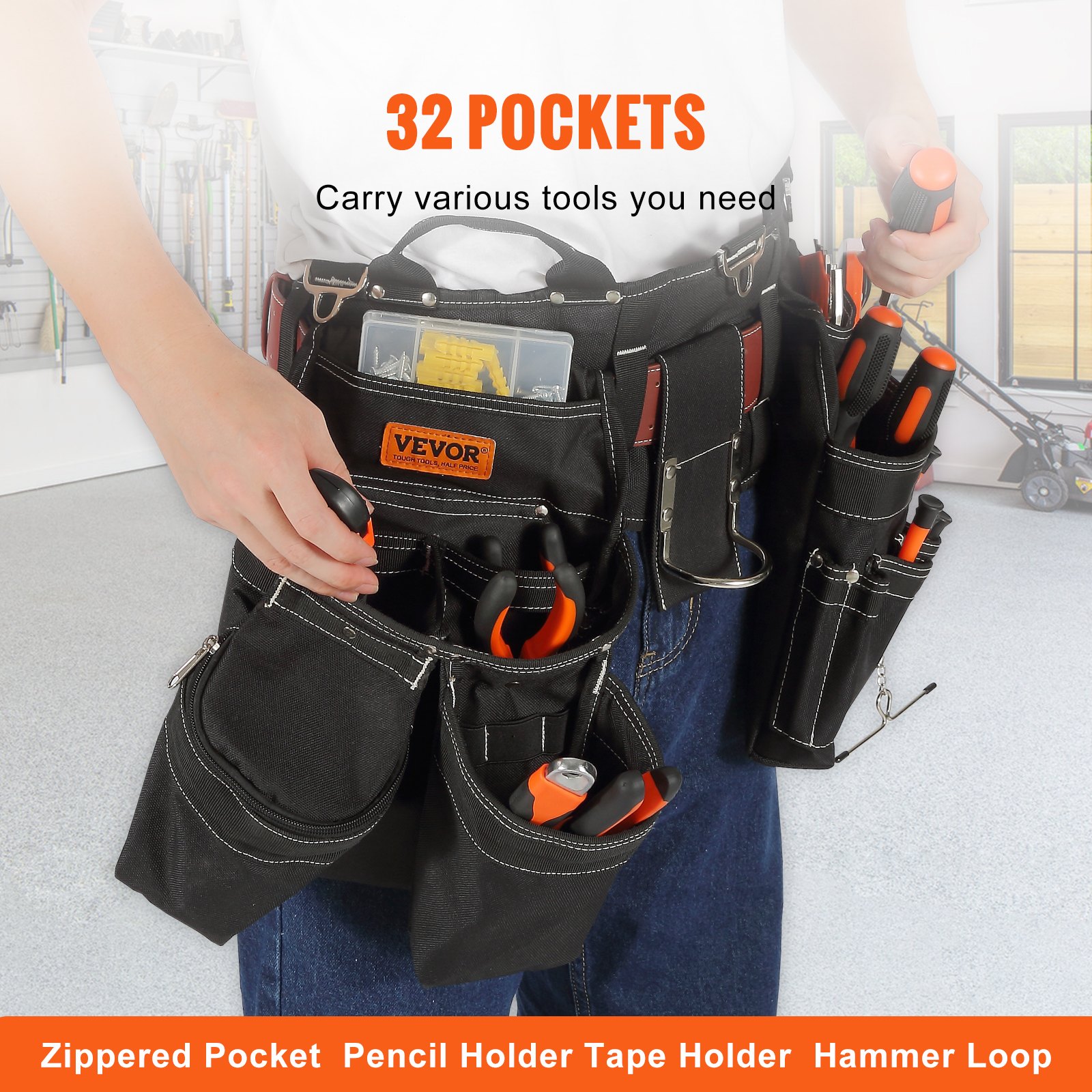 VEVOR Tool Belt Carpenter Construction Tool Pouch 32 Pockets 32"-54" Waist Size