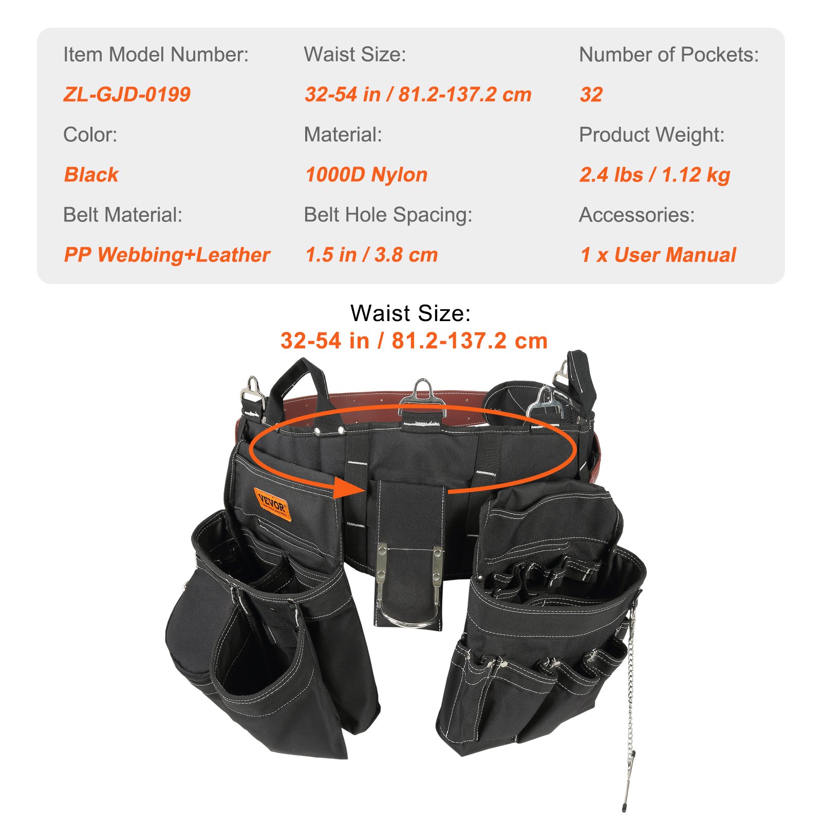 VEVOR Tool Belt Carpenter Construction Tool Pouch 32 Pockets 32"-54" Waist Size