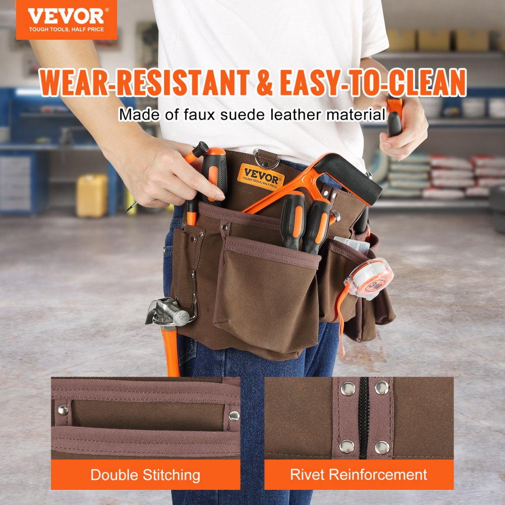 VEVOR Tool Belt, 13 Pockets, Adjusts from 29 Inches to 54 Inches, Leather  Heavy Duty Tool Pouch Bag with Dual Hammer Loops, Tool Bag for Electrician,  Carpenter, Handyman, Construction, Framer, Brown VEVOR US