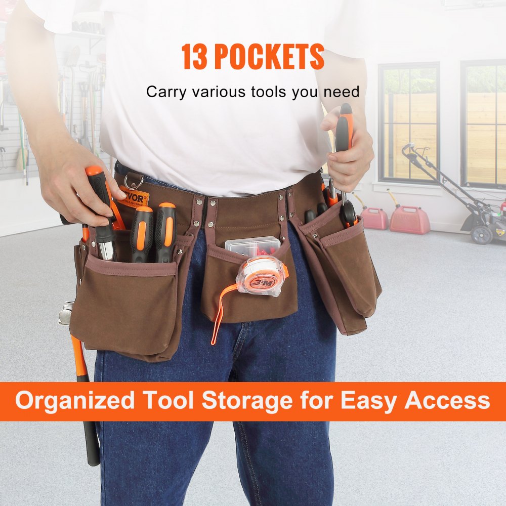 VEVOR Tool Belt Carpenter Construction Tool Pouch 13 Pockets 73.6-137.2 cm Waist