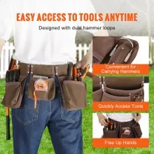 VEVOR 13 Pockets Tool Belt, Adjusts from 29 Inches to 54 Inches, Leather Heavy Duty Tool Pouch Bag with Dual Hammer Loops, Tool Bag for Electrician, Carpenter, Handyman, Construction, Framer, Brown