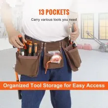 VEVOR 13 Pockets Tool Belt, Adjusts from 29 Inches to 54 Inches, Leather Heavy Duty Tool Pouch Bag with Dual Hammer Loops, Tool Bag for Electrician, Carpenter, Handyman, Construction, Framer, Brown