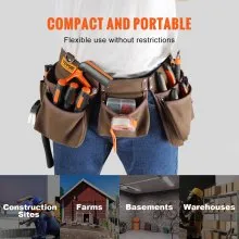 VEVOR 13 Pockets Tool Belt, Adjusts from 29 Inches to 54 Inches, Leather Heavy Duty Tool Pouch Bag with Dual Hammer Loops, Tool Bag for Electrician, Carpenter, Handyman, Construction, Framer, Brown
