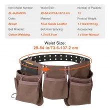 VEVOR 13 Pockets Tool Belt, Adjusts from 29 Inches to 54 Inches, Leather Heavy Duty Tool Pouch Bag with Dual Hammer Loops, Tool Bag for Electrician, Carpenter, Handyman, Construction, Framer, Brown