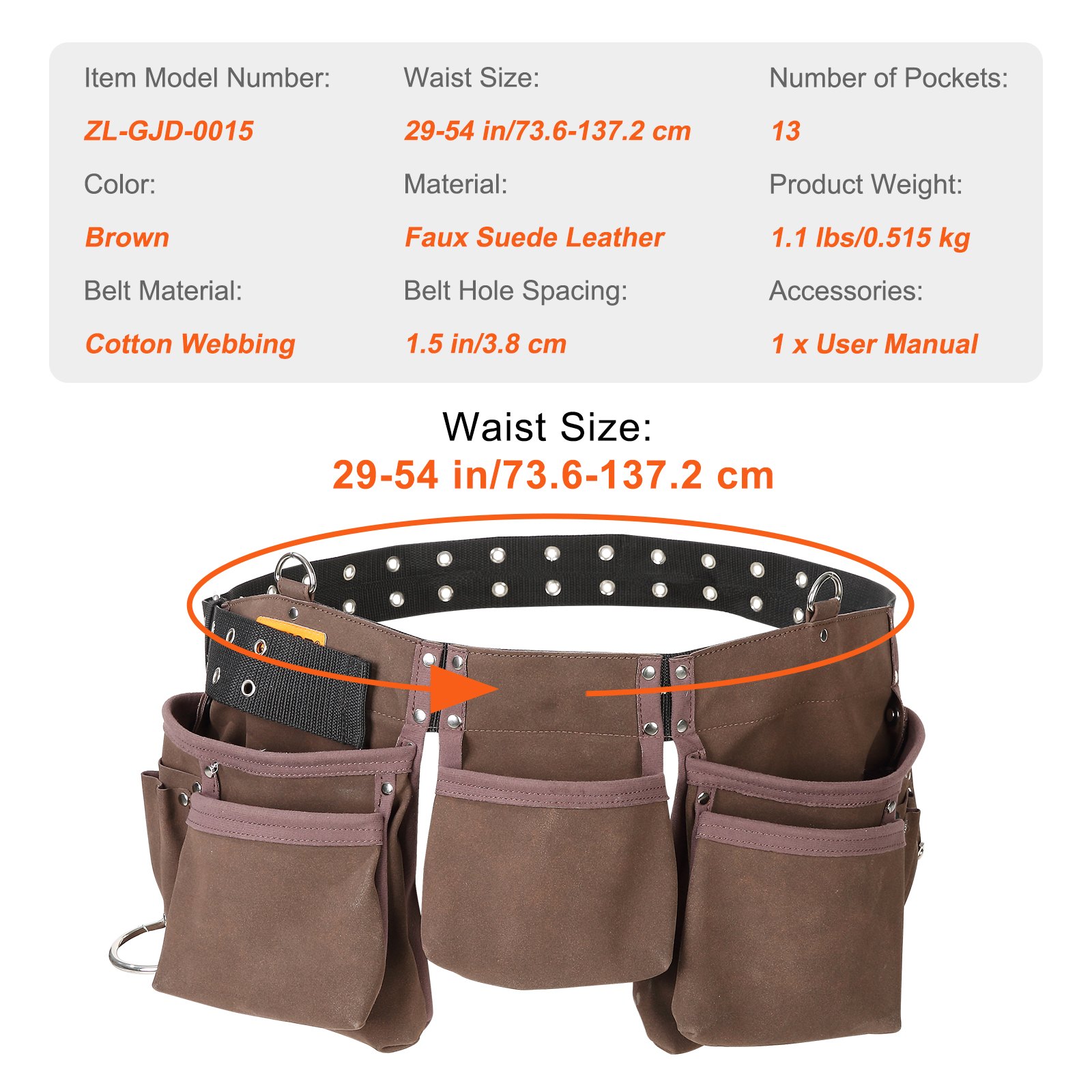 VEVOR Tool Belt Carpenter Construction Tool Pouch 13 Pockets 73.6-137.2 cm Waist