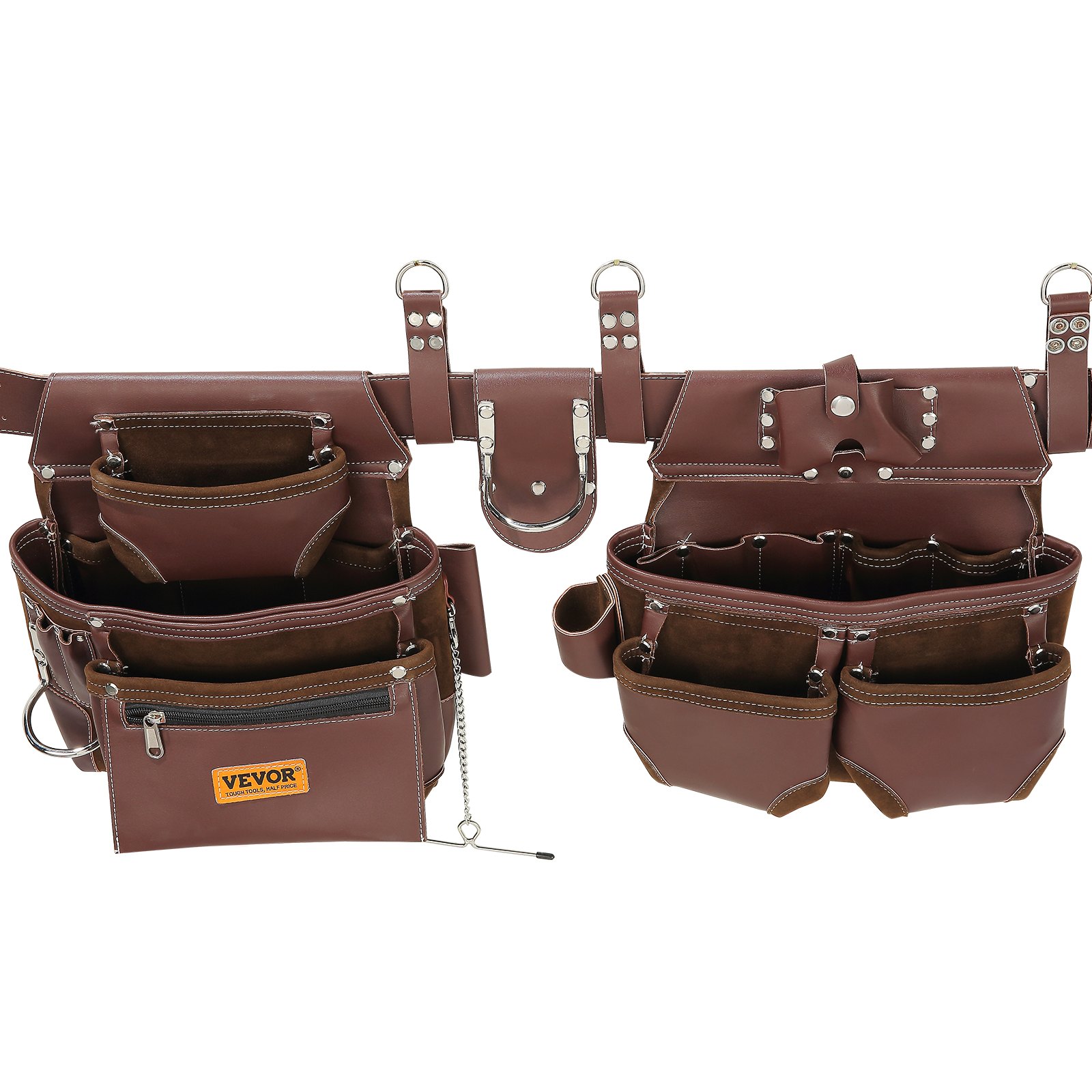 VEVOR Tool Belt, 22 Pockets, Adjust from 29 Inches to 54 Inches, Premium PU Heavy Duty Tool Pouch Bag, Detachable Tool Bag for Electrician, Carpenter, Handyman, Woodworker, Construction, Framer, Brown