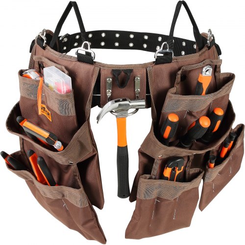 VEVOR 19 Pockets ool Belt, Adjusts from 32 Inches to 54 Inches, Polyester Heavy Duty Tool Pouch Bag, Detachable Tool Bag for Electrician, Carpenter, Handyman, Woodworker, Construction, Framer, Brown