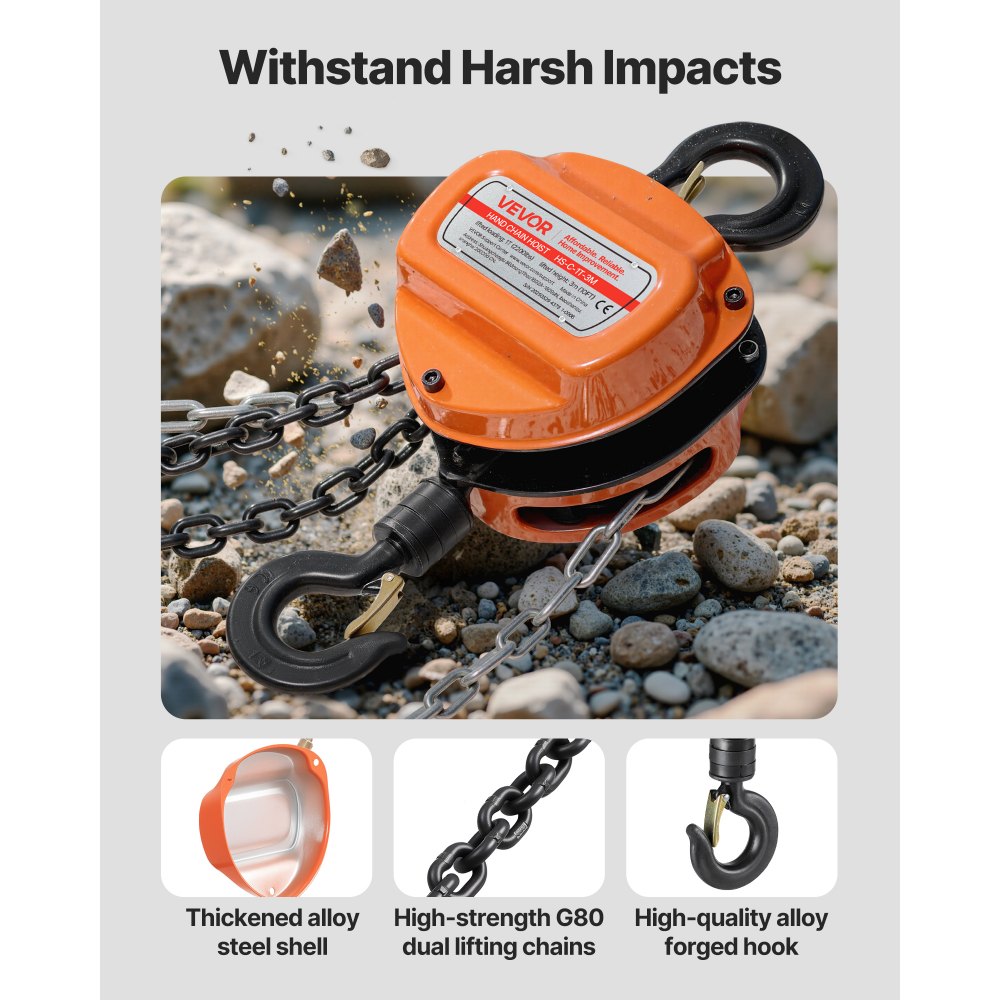 VEVOR Hand Chain Hoist, 1 Ton 2200 lbs Capacity, Manual Chain Block with Upgrade G80 Galvanized Chain, 3 m Lifting Height, Heavy Duty Pulley Hoist for Garage Warehouse Automotive Machinery, Orange