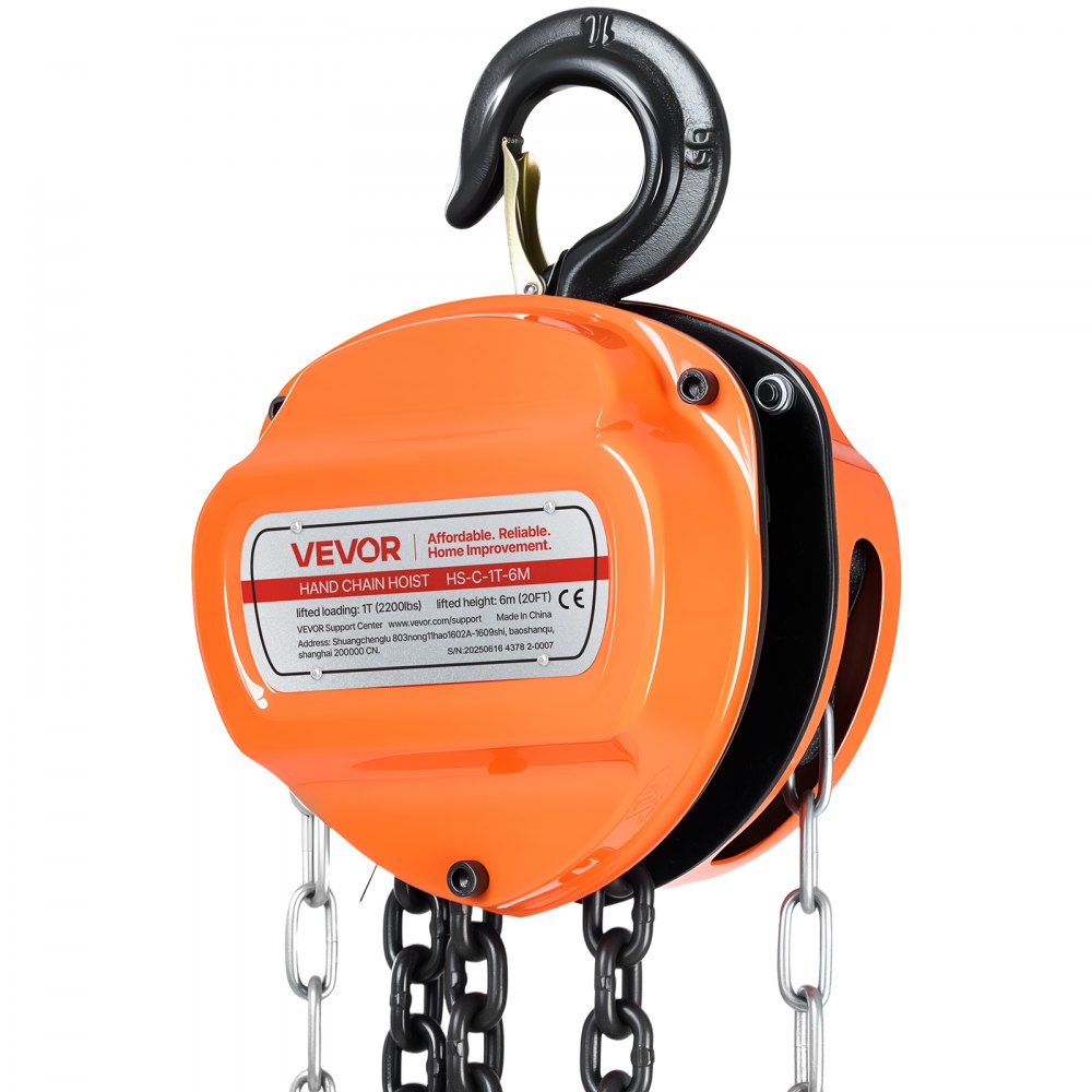 VEVOR Hand Chain Hoist, 1 Ton Capacity, Manual Chain Block with Upgrade G80 Galvanized Chain, 6 m Lifting Height, Heavy Duty Pulley Hoist for Garage Warehouse Automotive Machinery, Orange