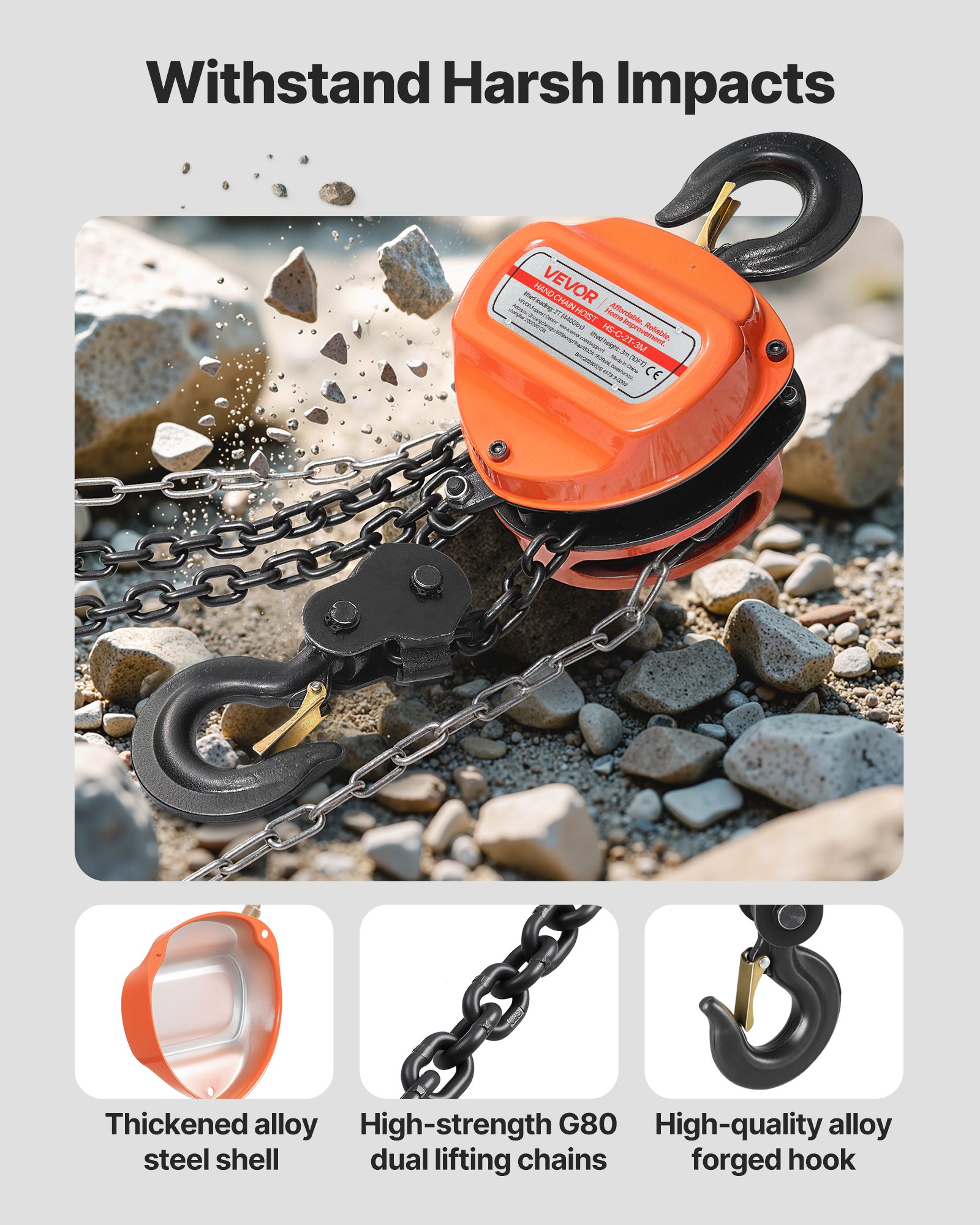 VEVOR Hand Chain Hoist, 2 Ton Capacity, Manual Chain Block with Upgrade G80 Galvanized Chain, 3 m Lifting Height, Heavy Duty Pulley Hoist for Garage Warehouse Automotive Machinery, Orange