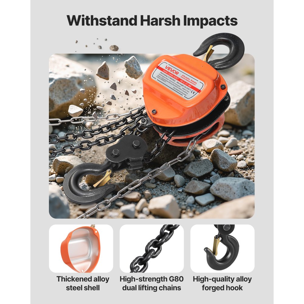 VEVOR Hand Chain Hoist, 3 Ton Capacity, Manual Chain Block with Upgrade G80 Galvanized Chain, 6 m Lifting Height, Heavy Duty Pulley Hoist for Garage Warehouse Automotive Machinery, Orange