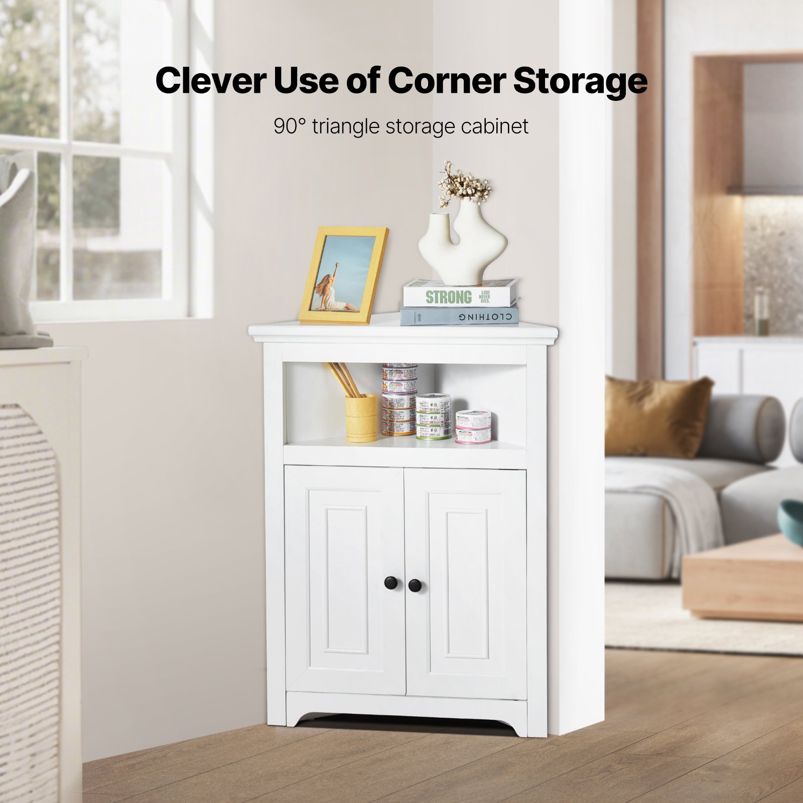 VEVOR 32" Corner Storage Cabinet, 3 Tiers Small Storage Cabinet with 2 Wooden Doors & Adjustable Shelves, Freestanding Corner Kitchen Cabinet for Living Room, Kitchen, Laundry Room, Bathroom, White