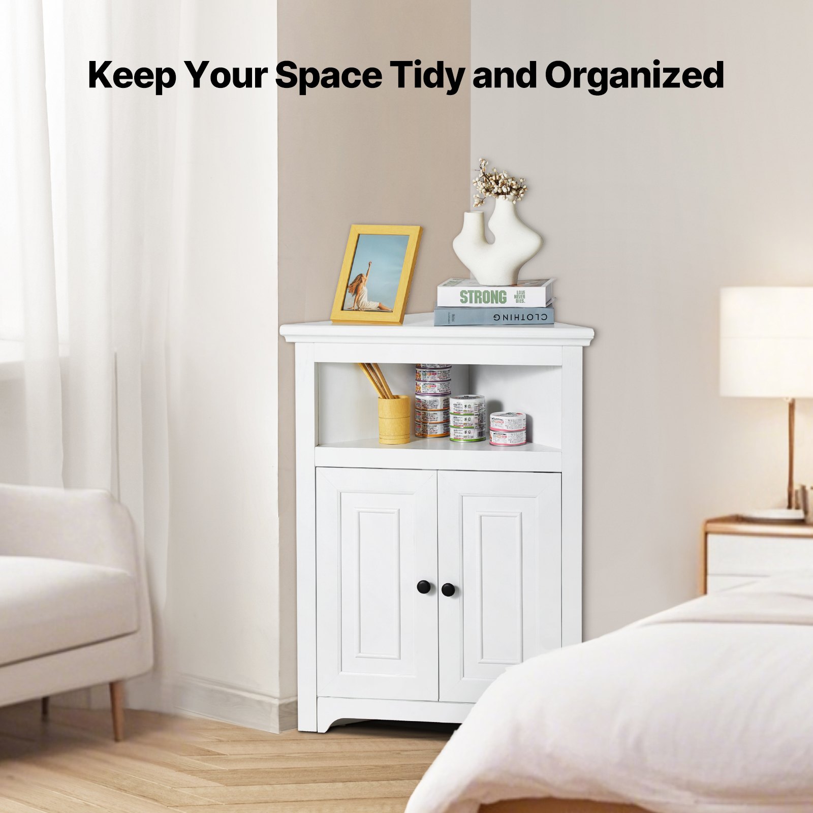 VEVOR 32" Corner Storage Cabinet, 3 Tiers Small Storage Cabinet with 2 Wooden Doors & Adjustable Shelves, Freestanding Corner Kitchen Cabinet for Living Room, Kitchen, Laundry Room, Bathroom, White