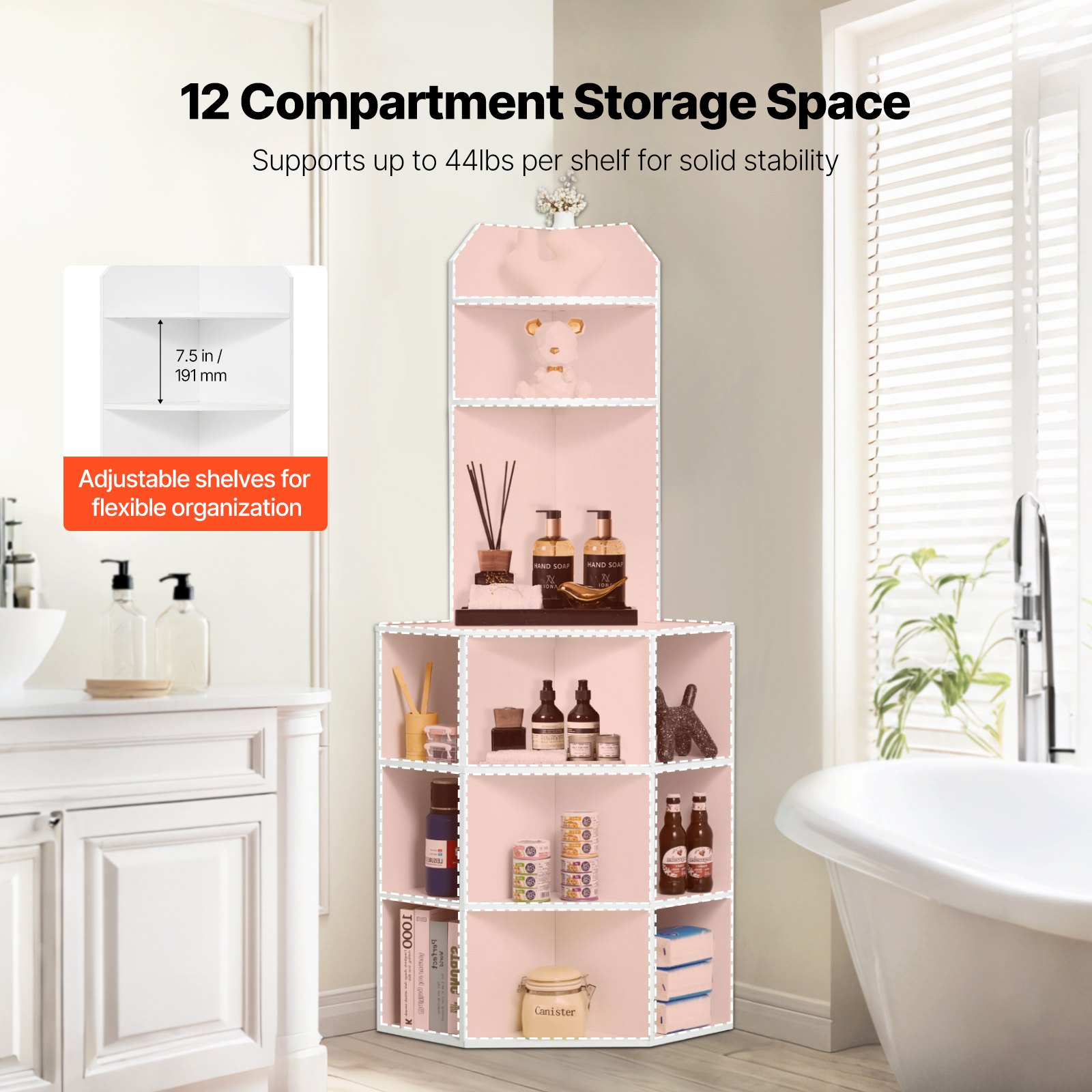 VEVOR 64" Tall Corner Storage Cabinet, 6 Tiers Wooden Storage Cabinet with USB Ports and Outlets & Adjustable Shelves, Freestanding Corner Cabinet for Living Room, Kitchen, Laundry Room, White