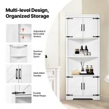 VEVOR 68" Tall Corner Storage Cabinet, 6 Tiers Farmhouse Storage Cabinet with 4 Wooden Doors & Adjustable Shelves, Freestanding Corner Kitchen Cabinet for Living Room, Kitchen, Laundry Room, White