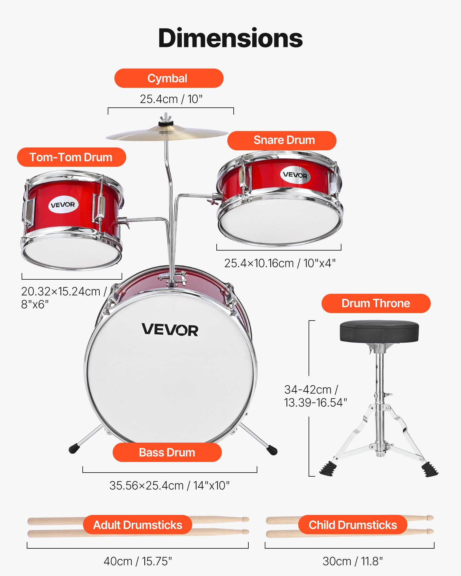 VEVOR Kids Drum Set, 3-Piece 14 in / 355.6 mm Junior Drum Sets, Beginner Drums Set with Adjustable Throne and Two Pairs of Drumsticks, Musical Learning Drums Instruments Kit, for Children Ages 6-13 (Red)