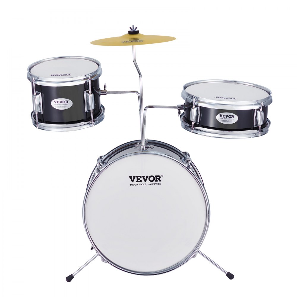 VEVOR kids drum set with black drums, cymbal, and chrome accents.