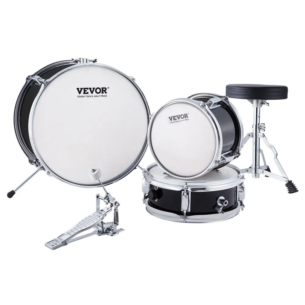 VEVOR kids drum set with bass drum, snare drum, high tom, pedal, and adjustable stool.