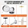 VEVOR Kids Drum Set, 3-Piece, 14 in Beginner Drum Set with Adjustable Throne Cymbal Pedal Two Pairs of Drumsticks, 8'' Tom Drum 10'' Snare Drum 14'' Bass Drum, Starter Drum Kit for Child Kids, Black