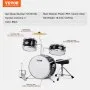 VEVOR Kids Drum Set, 3-Piece, 355.6 mm Beginner Drum Set with Adjustable Throne Cymbal Pedal Two Pairs of Drumsticks, Tom Drum Snare Drum Bass Drum, Starter Drum Kit for Child Kids, Black