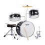VEVOR kids drum set with stool, drumsticks, black tom drums, bass drum, and yellow cymbal.