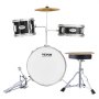 VEVOR kids drum set with snare, bass, tom drums, cymbal, pedal, and stool in silver and black.