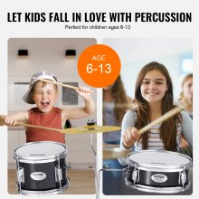 VEVOR Kids Drum Set, 3-Piece, 14 in Beginner Drum Set with Adjustable Throne Cymbal Pedal Two Pairs of Drumsticks, 8'' Tom Drum 10'' Snare Drum 14'' Bass Drum, Starter Drum Kit for Child Kids, Black
