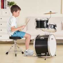 VEVOR Kids Drum Set, 3-Piece, 355.6 mm Beginner Drum Set with Adjustable Throne Cymbal Pedal Two Pairs of Drumsticks, Tom Drum Snare Drum Bass Drum, Starter Drum Kit for Child Kids, Black