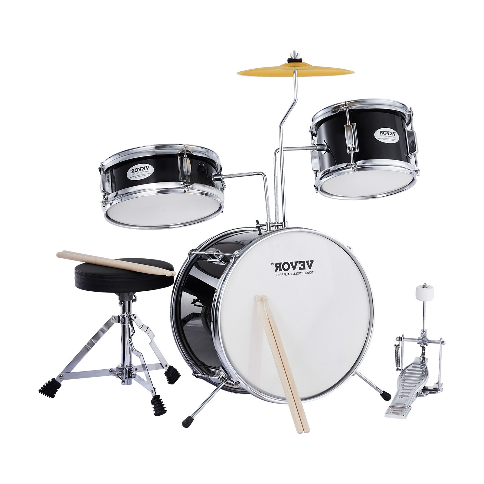 VEVOR kids drum set with stool, drumsticks, black tom drums, bass drum, and yellow cymbal.