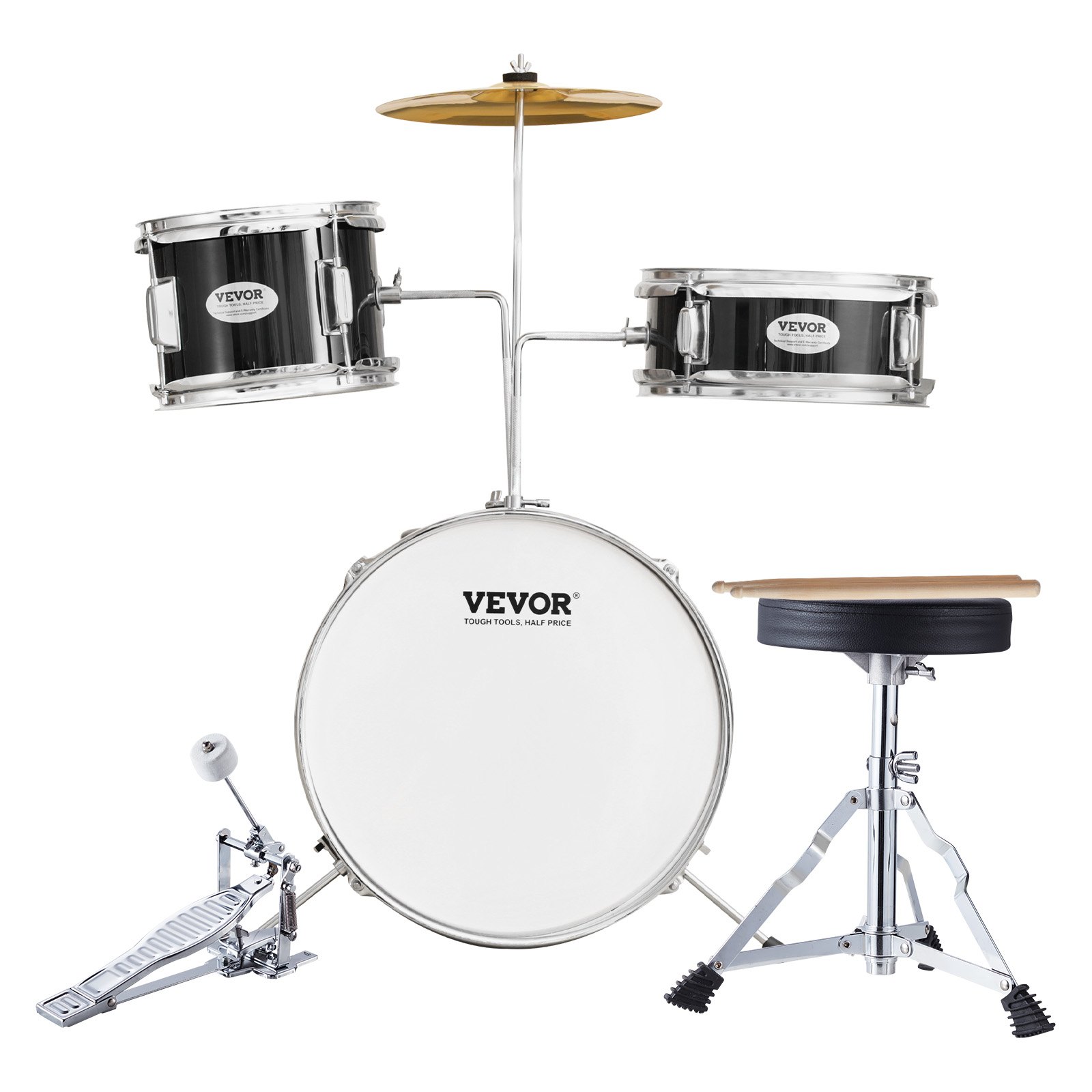 VEVOR kids drum set with snare, bass, tom drums, cymbal, pedal, and stool in silver and black.
