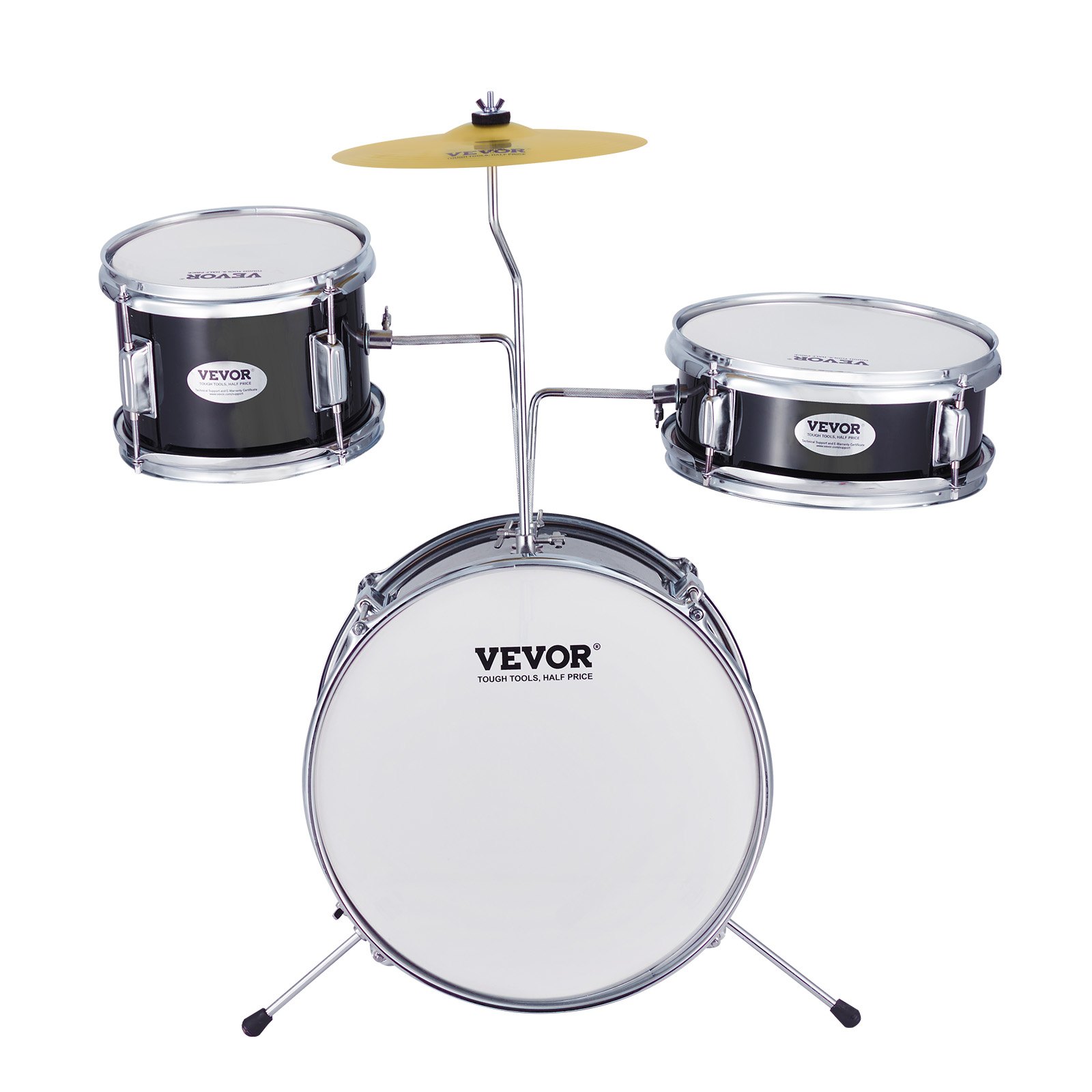 VEVOR kids drum set with black drums, cymbal, and chrome accents.