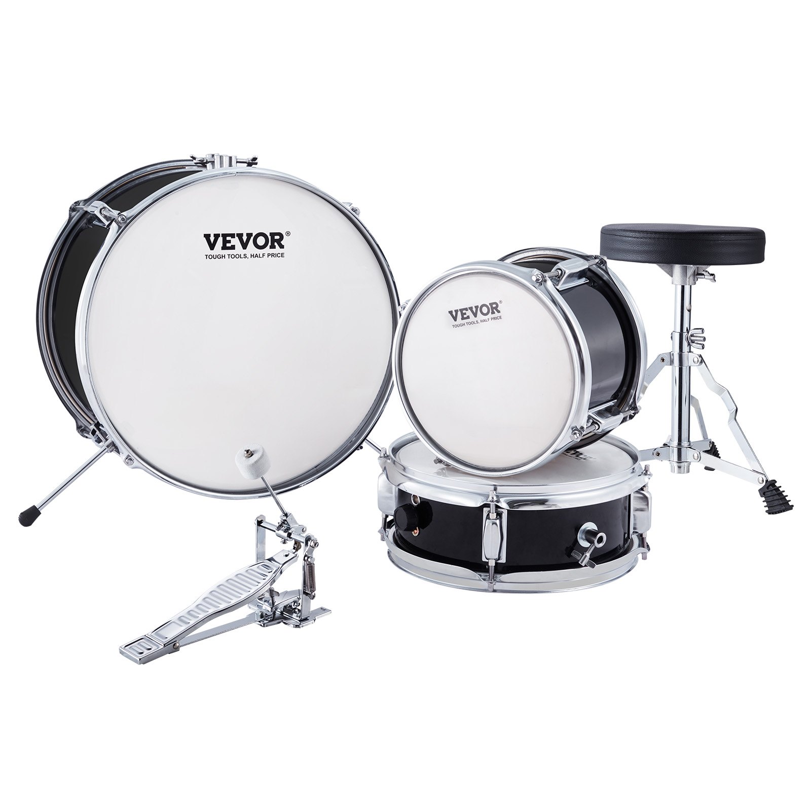 VEVOR kids drum set with bass drum, snare drum, high tom, pedal, and adjustable stool.