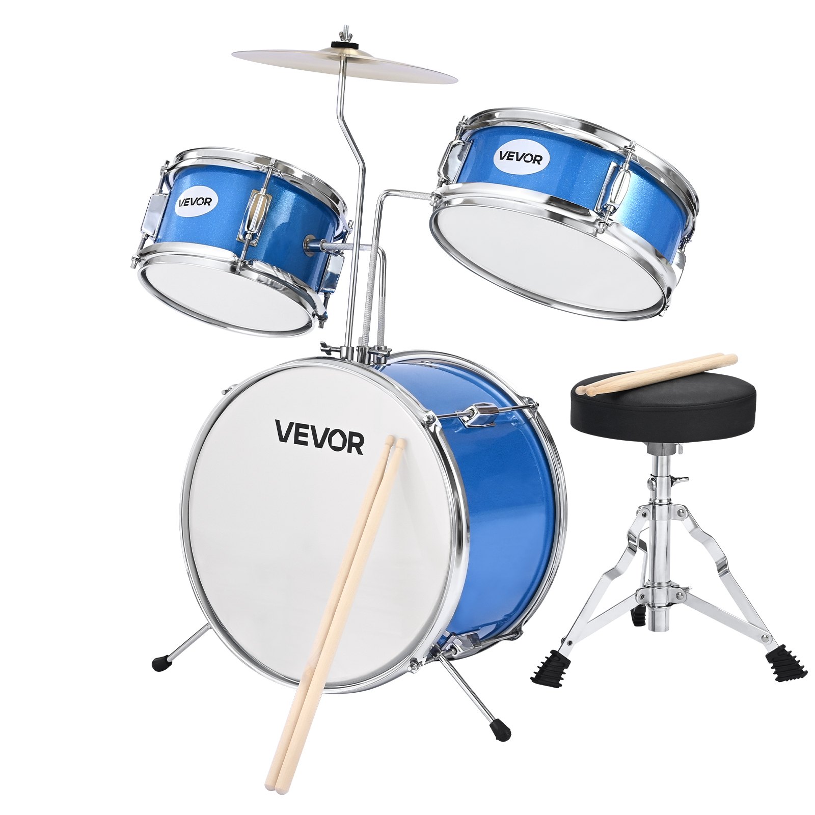 VEVOR Kids Drum Set, 3-Piece 14 in / 355.6 mm Junior Drum Sets, Beginner Drums Set with Adjustable Throne and Two Pairs of Drumsticks, Musical Learning Drums Instruments Kit, for Children Ages 6-13 (Blue)