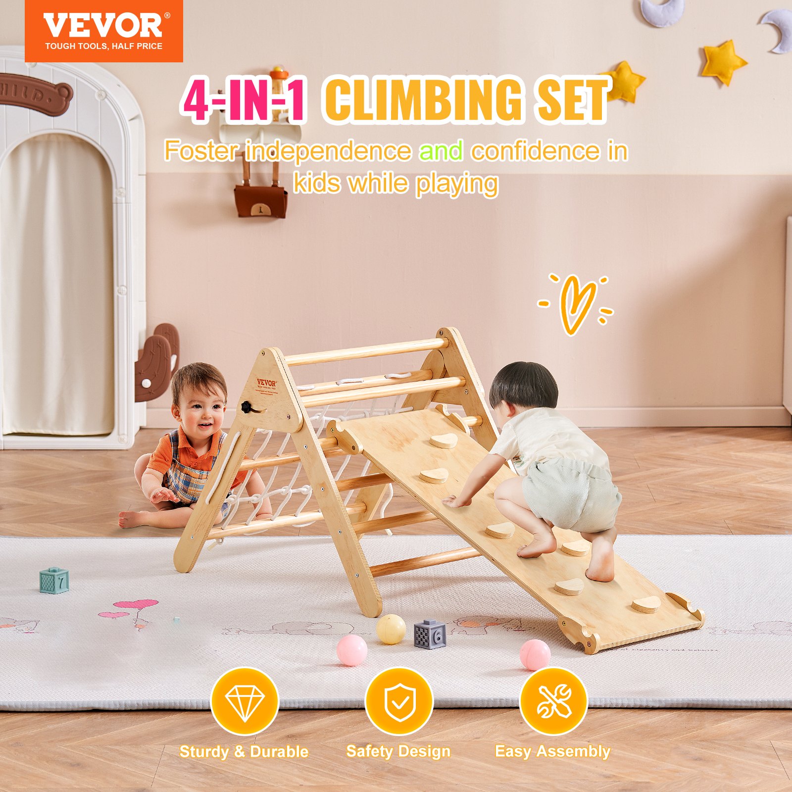 VEVOR Pikler Triangle Set, 4 in 1 Toddler Climbing Toys Indoor Playground, Montessori Climbing Set with Triangle and Ramp, Large Size Wooden Climbing Gym for Toddlers 1-3 Years, Wood Color