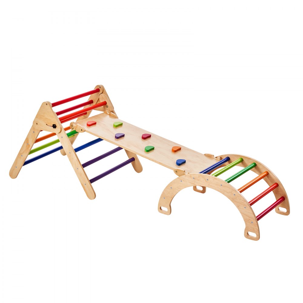 VEVOR Pikler Triangle Set, 5 in 1 Toddler Climbing Toys Indoor Playground, Large Size Wooden Climbing Gym for Toddlers 1-3 Years, Montessori Climbing Set with Triangle, Ramp, and Arch, Colorful