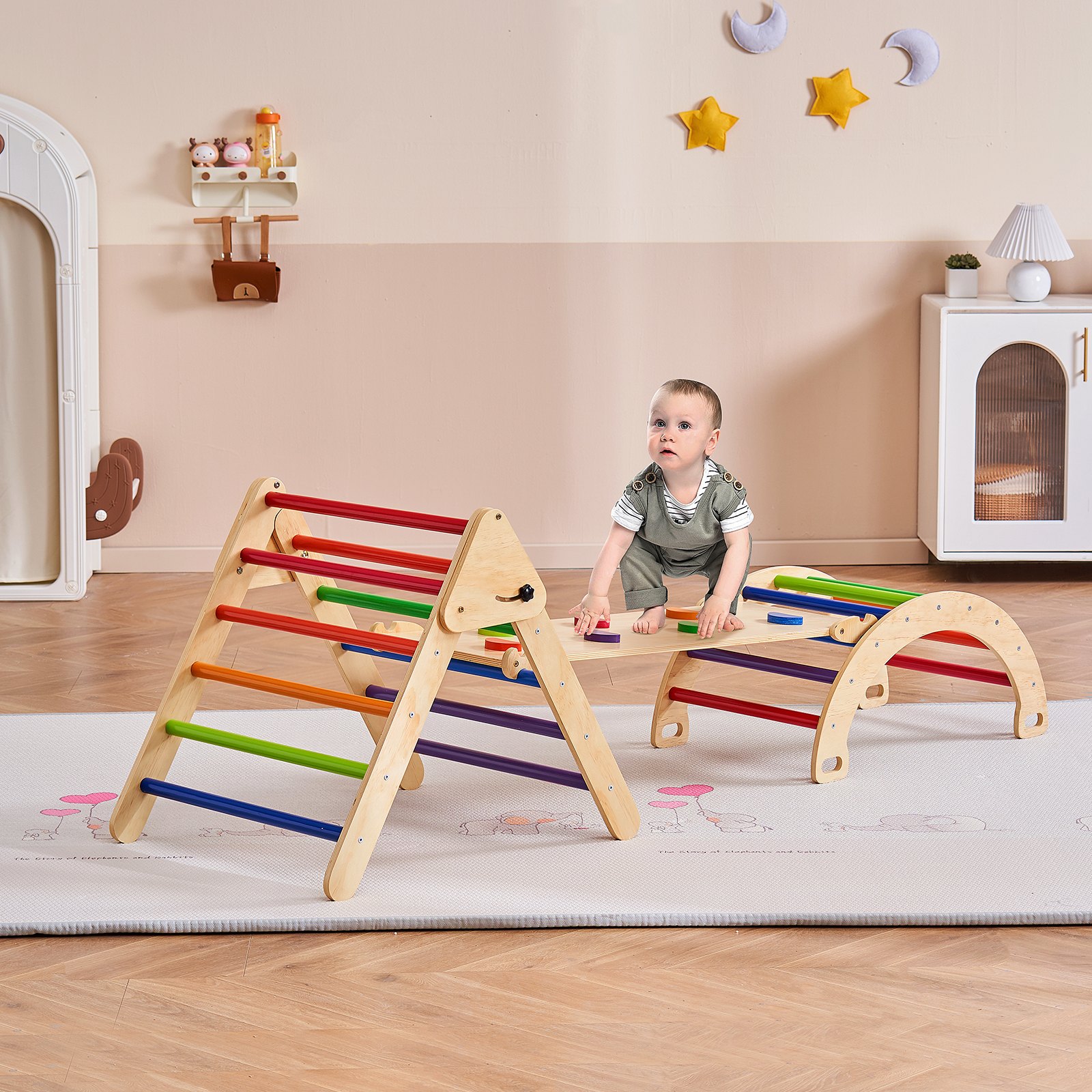 VEVOR Pikler Triangle Set, 5 in 1 Toddler Climbing Toys Indoor Playground, Large Size Wooden Climbing Gym for Toddlers 1-3 Years, Montessori Climbing Set with Triangle, Ramp, and Arch, Colorful