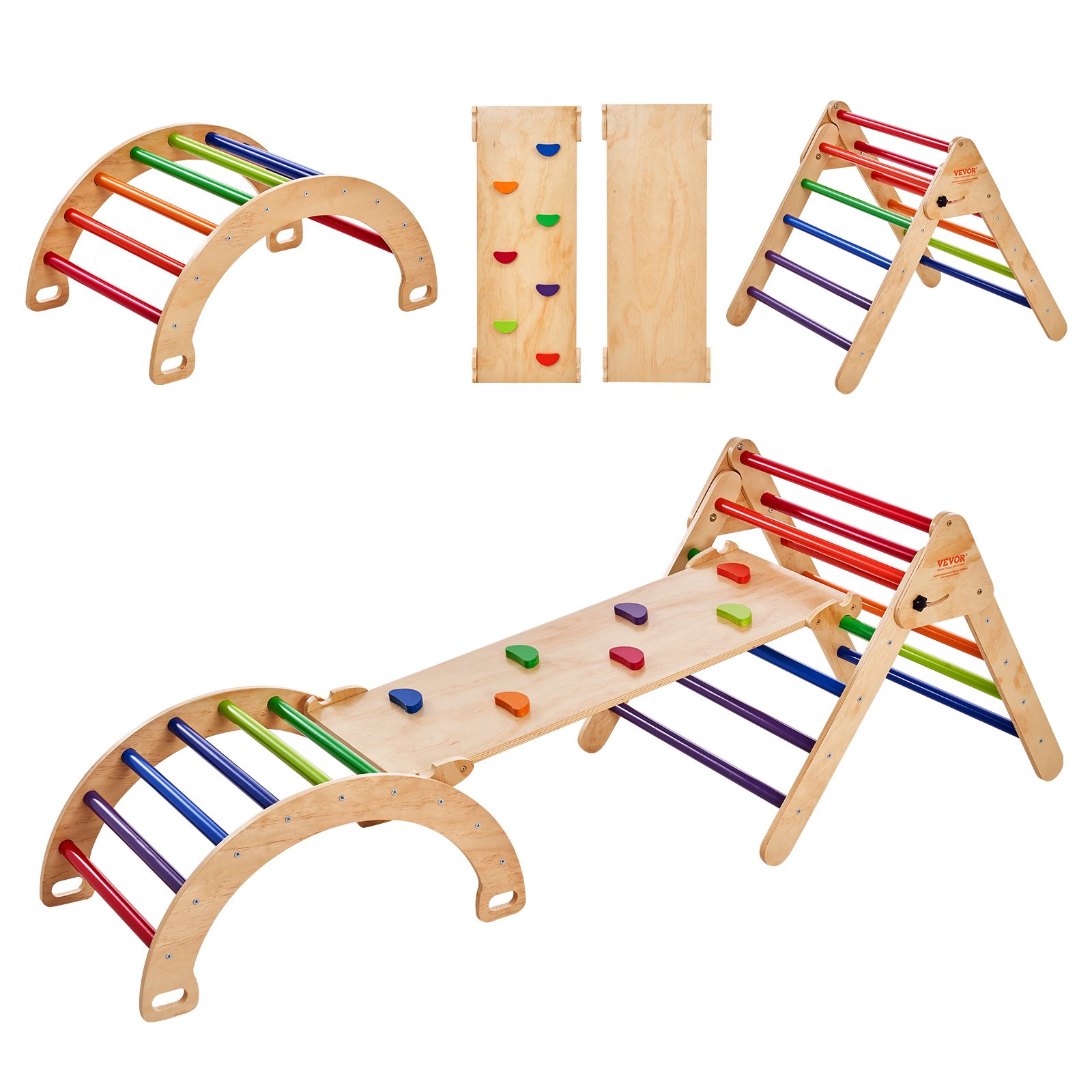 VEVOR Pikler Triangle Set, 5 in 1 Toddler Climbing Toys Indoor Playground, Large Size Wooden Climbing Gym for Toddlers 1-3 Years, Montessori Climbing Set with Triangle, Ramp, and Arch, Colorful